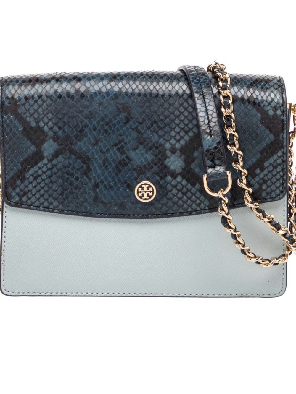 Tory Burch Two-Tone Navy Snake Print and Light Blue Chain Crossbody